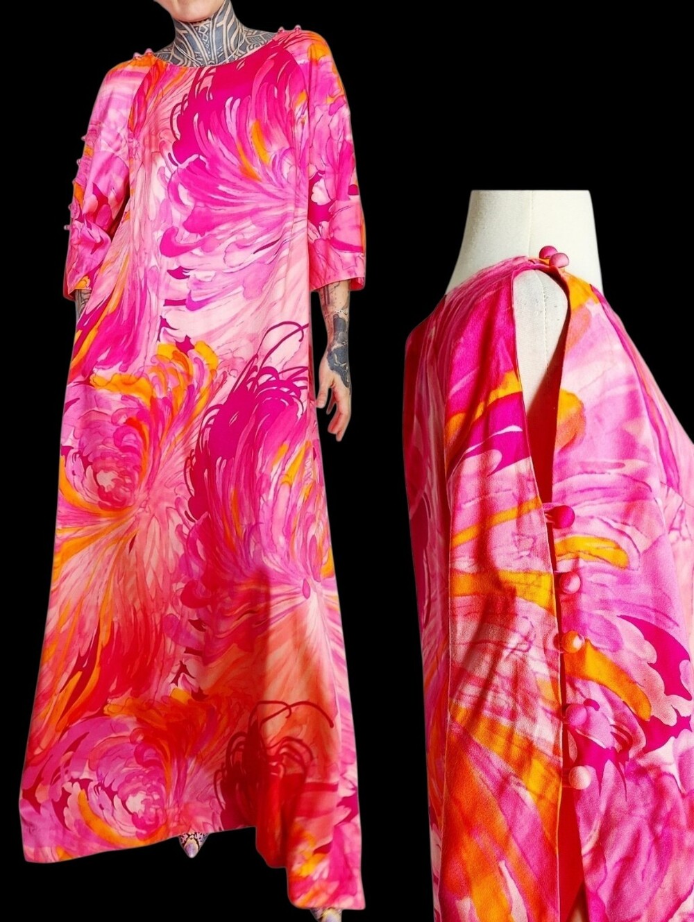 Vintage 60s 70s Neon Psychedelic Abstract Floral Maxi Dress S Mumu Muumuu Pink